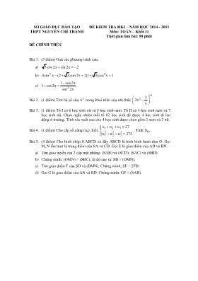 Đề kiểm tra học  kì I  Năm học 2014 - 2015 môn Toán  khối 11 - Trường THPT Nguyễn Chí Thanh